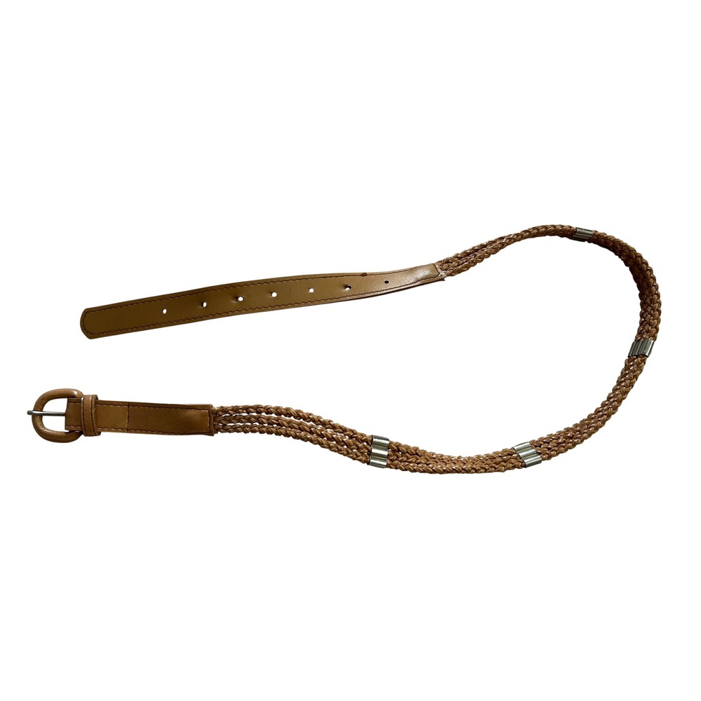 Tan Braided Faux Leather Belt with Silver Metal Slides Western Boho Skinny Belt